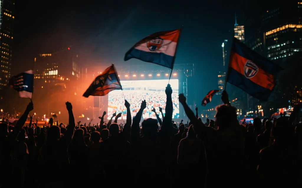 夜晚球迷广场观赛派对，巨型屏幕与城市灯光，体现世界杯带来的城市文化与商业氛围