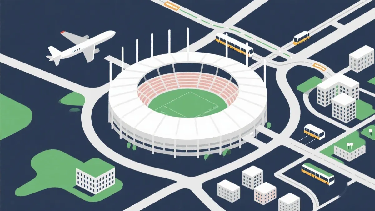 球场周边住宿与公共交通衔接的路线示意风格画面